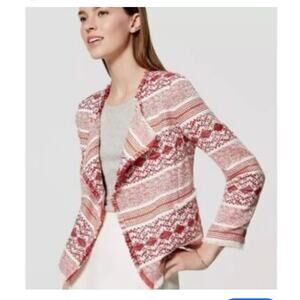 Ann Taylor LOFT Women's Red Geometric Fringe Tweed Open Blazer Size 14